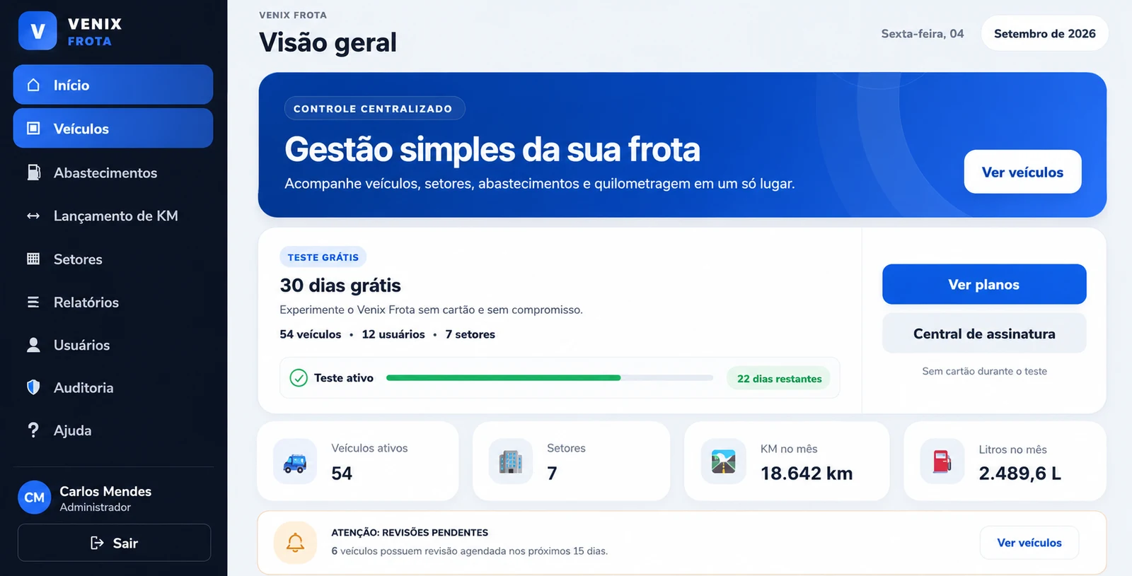 Venix Frota — visão geral real da plataforma